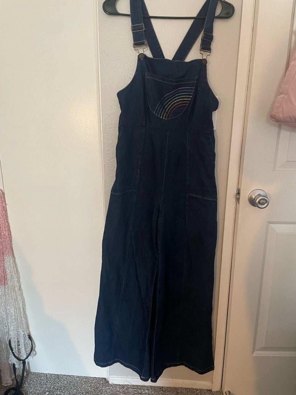 Kids Navy Blue Denim One-Piece Overalls with Rainbow Stitching